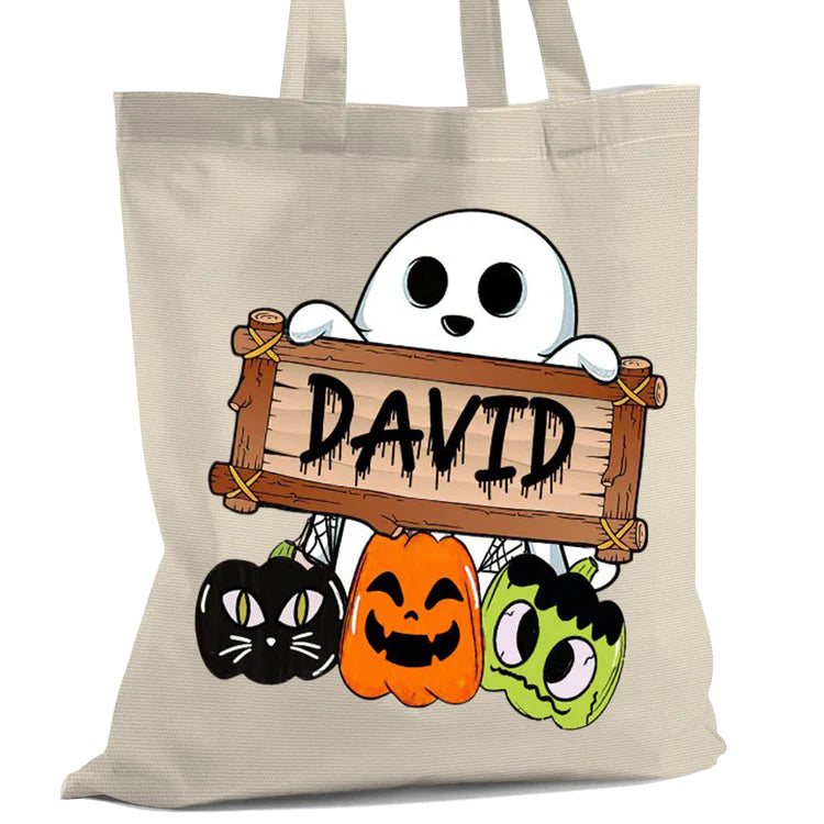 Custom Ghost Halloween Candy Eco Bag Gift For Boys, Custom Name Candy eco bag For Son On Halloween Day, Halloween Gift For Kids