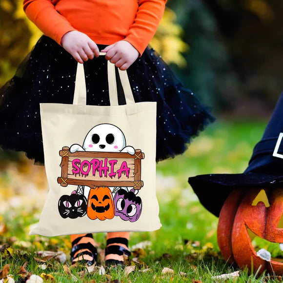 Custom Ghost Halloween Candy Eco Bag Gift For Boys, Custom Name Candy eco bag For Son On Halloween Day, Halloween Gift For Kids