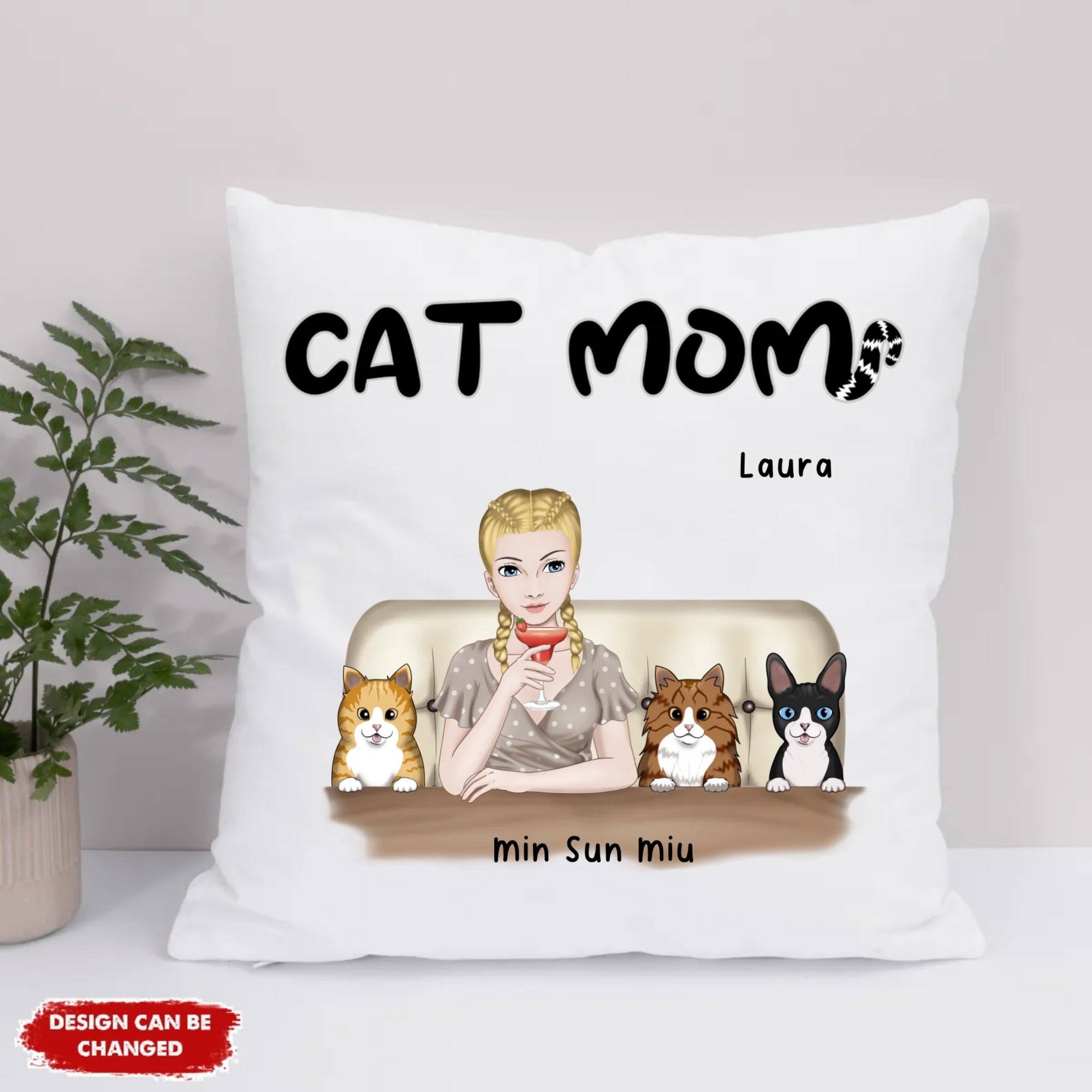 Eco Pillow Artwork - Cat Mom - Frontal full color - Female 4 cats